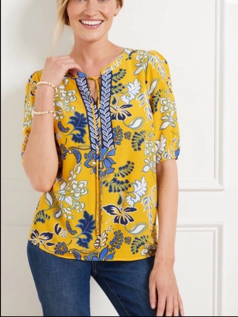 Talbots Womens Blouse Top Size XL Yellow Blue Floral Split Neck Peasant Boho NWT